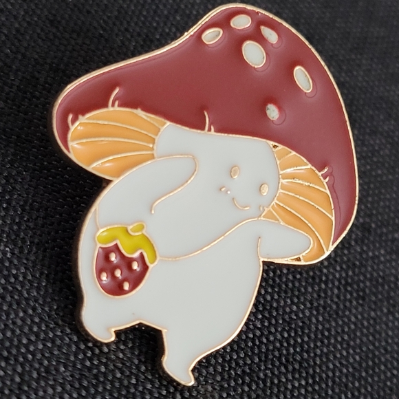 Adorable Smiling Mushroom Wearing A Strawberry Purse Enamel Pin - Picture 9 of 10